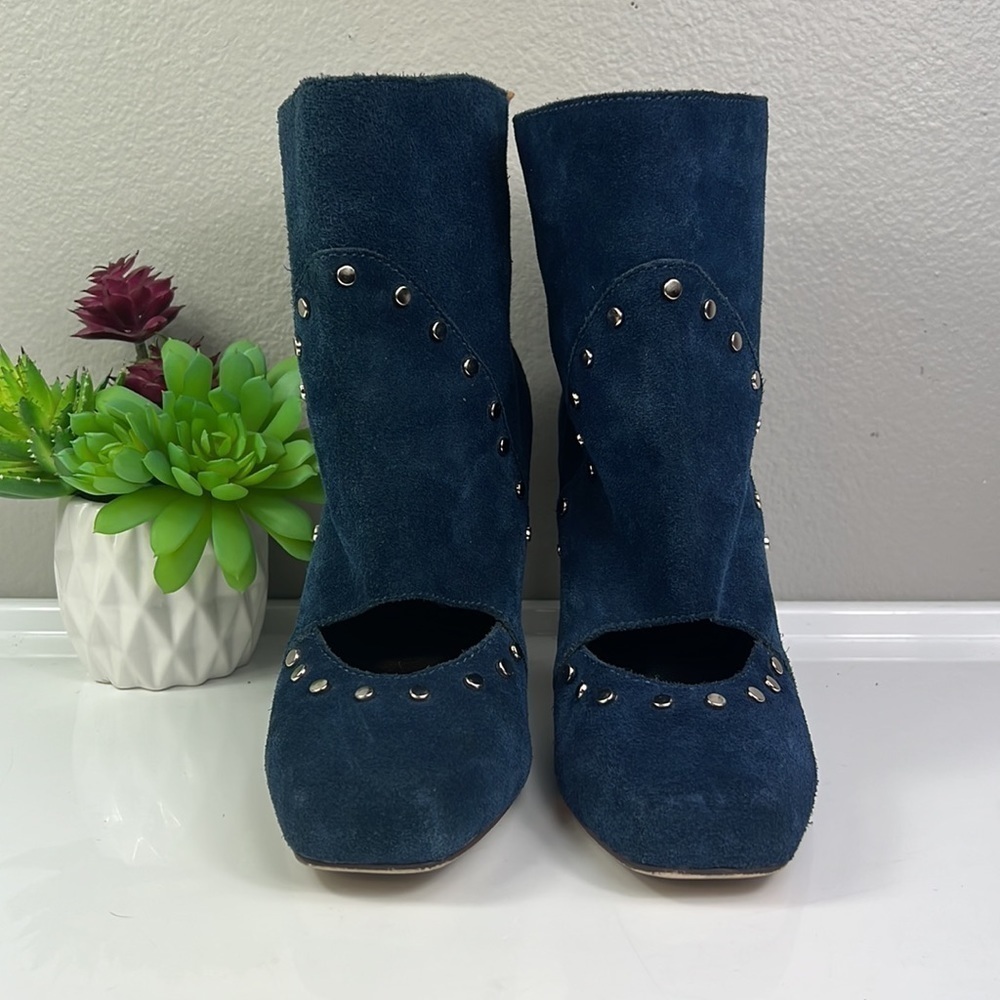 Kathryn Amberleigh Suede Studded Ankle Bootie Blue Open Vamp 9 - Picture 2 of 10